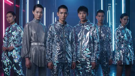 a captivating showcase of modern fashion: sleek, silver attire adorned by a diverse group of models against a futuristic, neon-illuminated background