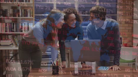 animation of stock market data processing over three diverse colleagues discussing over laptop