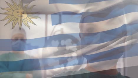 animation of flag of uruguai waving over surgeons in operating theatre