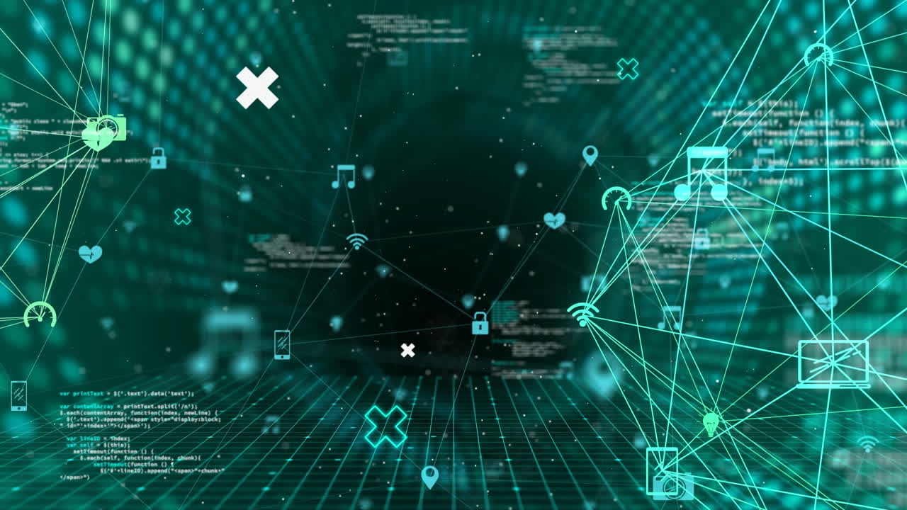 Animation of data processing and media icons over digital tunnel
