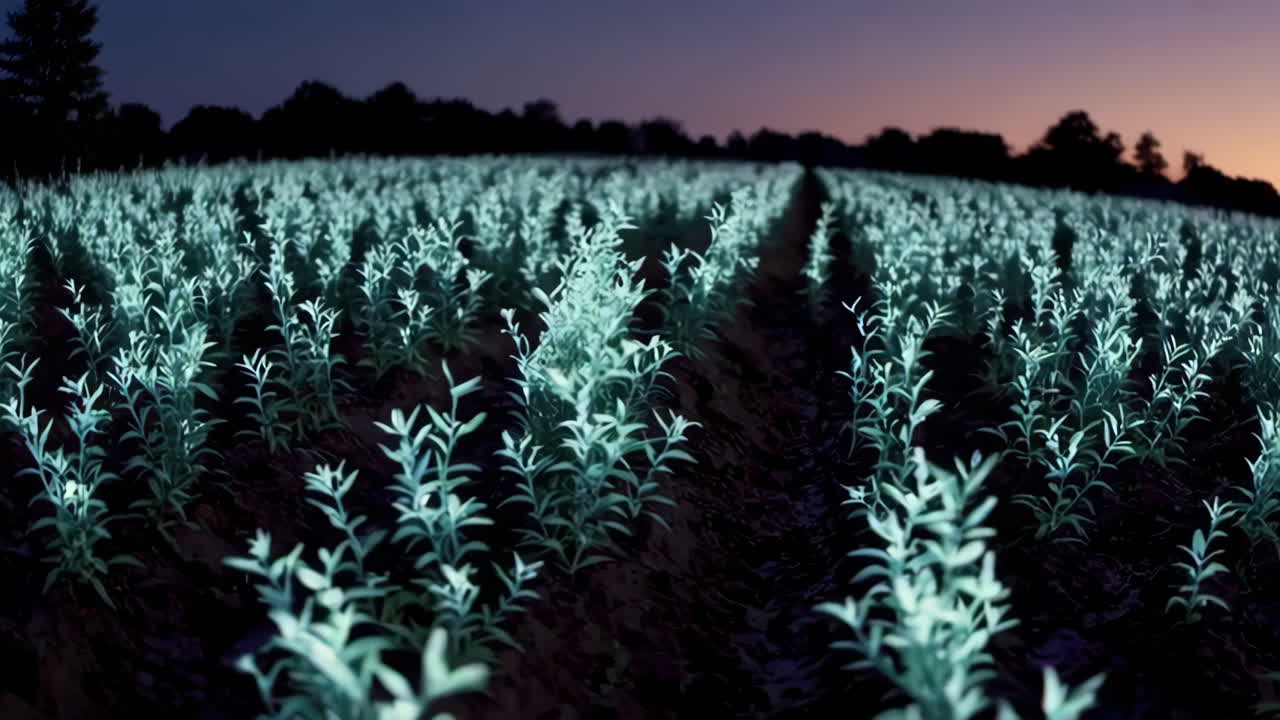 Glowing Plants in a Field at Night
