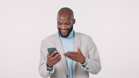 Businessman,-phone-and-celebration-in-studio