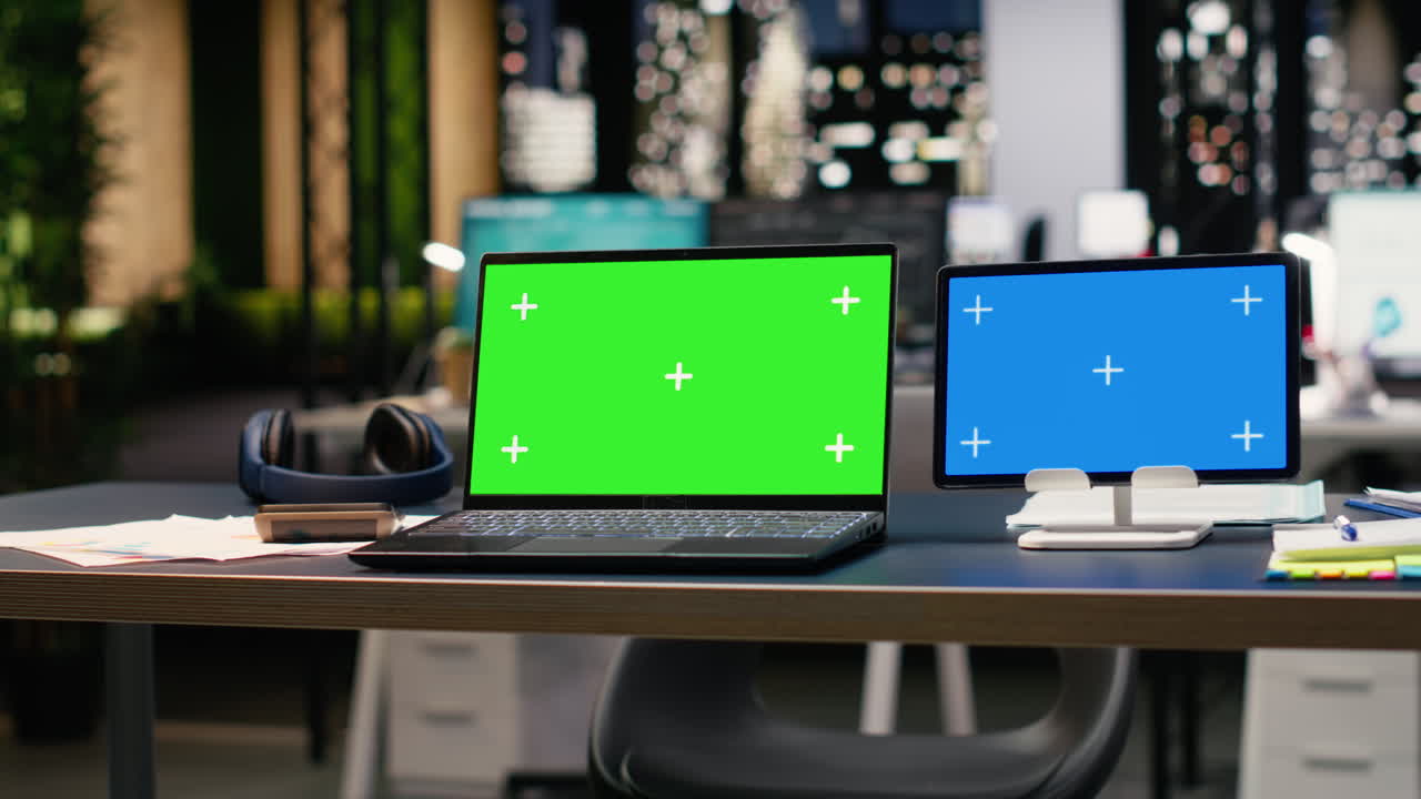 Laptop con chroma key e schermo blu in un ambiente di lavoro vuoto con un design interno elegante