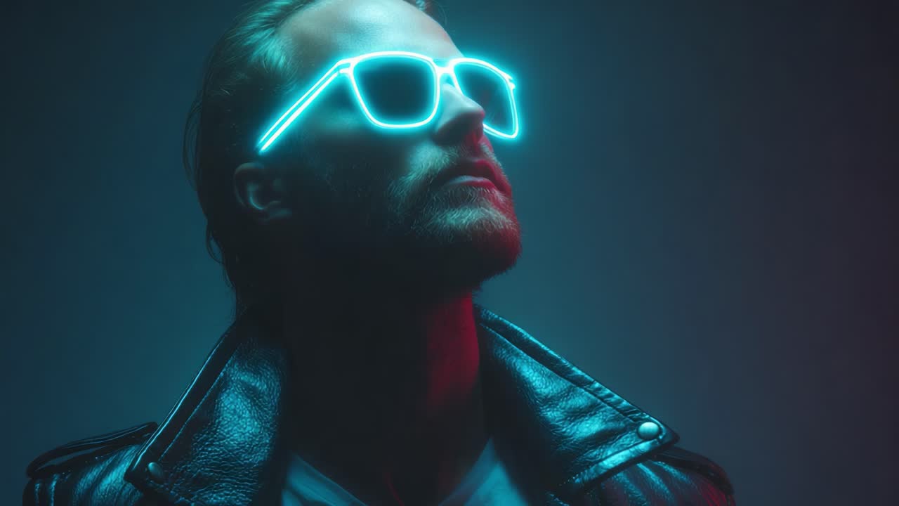 Tyylikäs henkilö esittelee futuristisia neonaurinkolaseja ja näyttävää nahkatakkia tummaa, eloisaa taustaa vasten luoden huomiota herättävän ja särmikkään tunnelman.