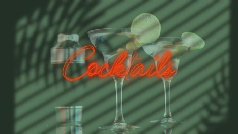 animation of red neon cocktail text over shadows on cocktails