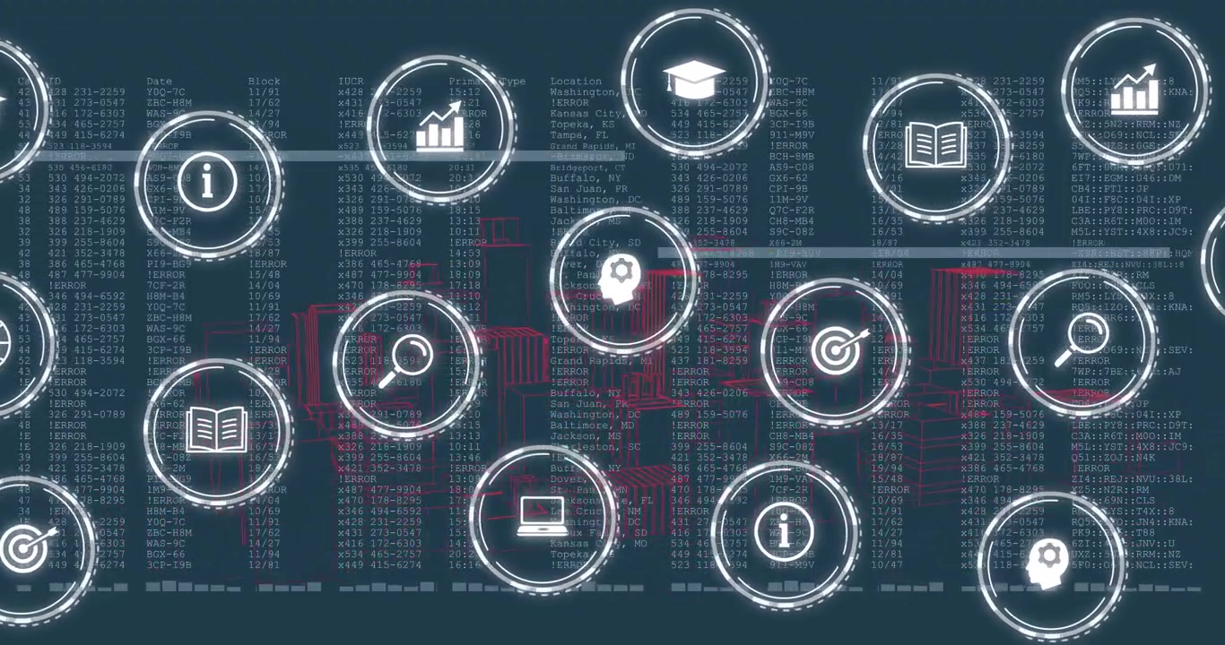 Digital analytics dashboard displaying floating interface icons over wireframe container structures