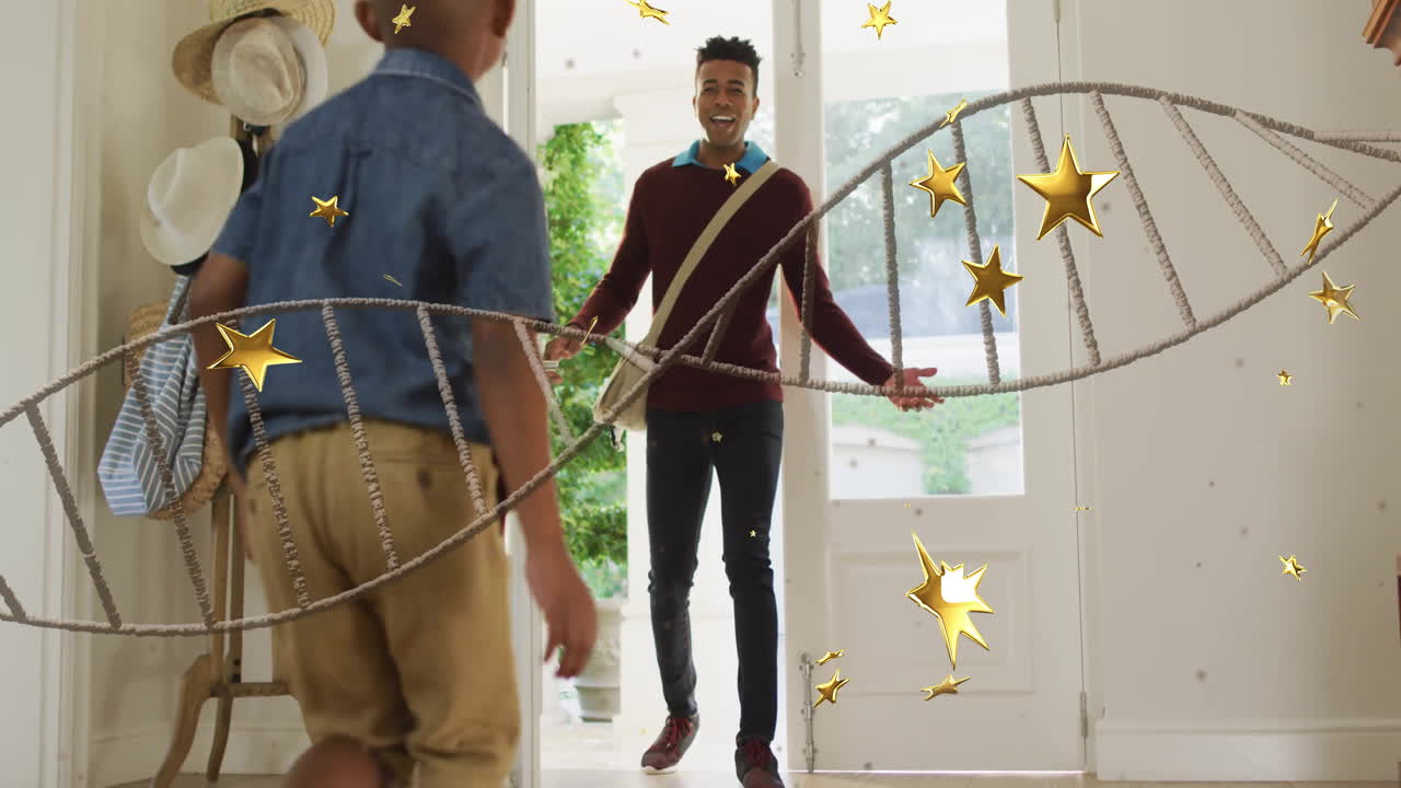 DNA strand and golden stars animation over people entering bright room