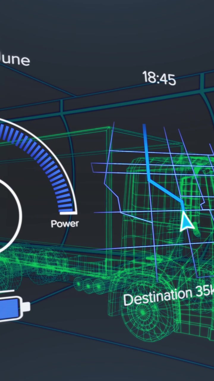 Animation of speedometers, loading battery icon over 3d model of truck against black background
