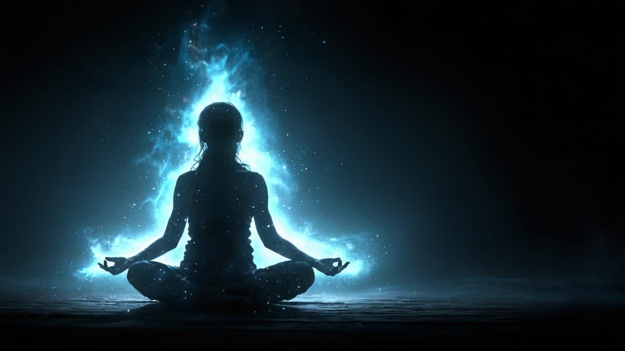 Una serena meditazione nella luce cosmica: Una figura misteriosa medita in un'aura luminosa di stelle ed energia, a significare pace interiore e connessione universale.