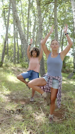 vertical video: hiking in forest, women practicing yoga poses, enjoying nature and exercise