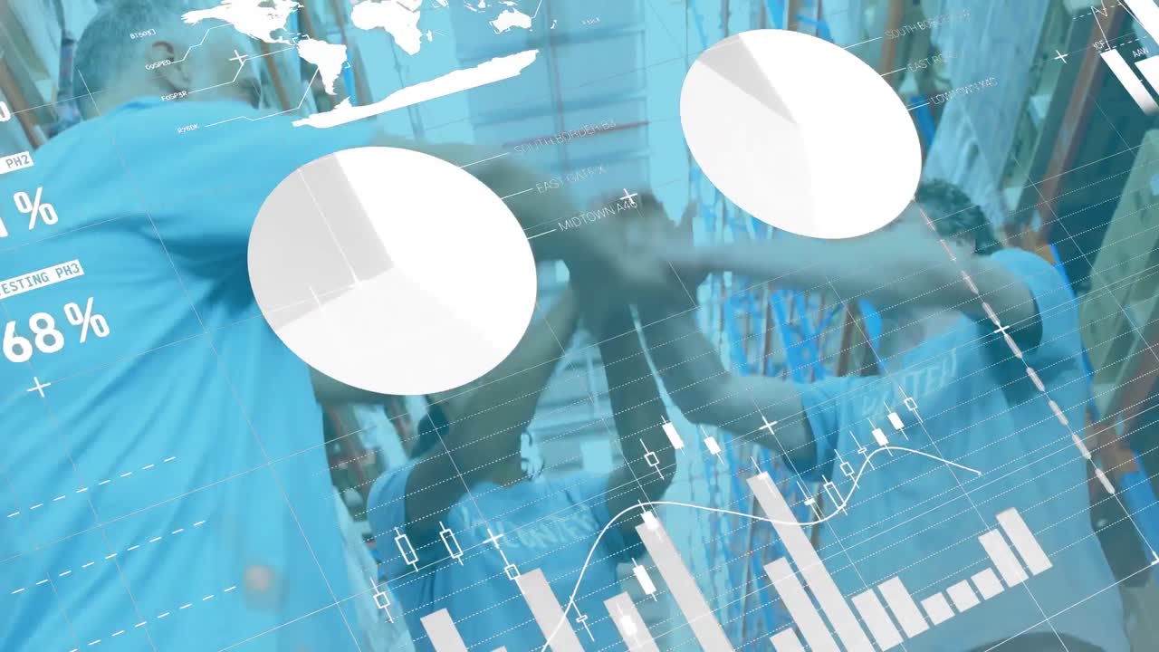 다양한 자원봉사자들이 창고에서 손을 함께 쌓고 있는 데이터 처리의 애니메이션