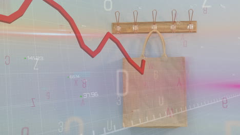 animation of numbers changing and red line statistics recording over shopping bag