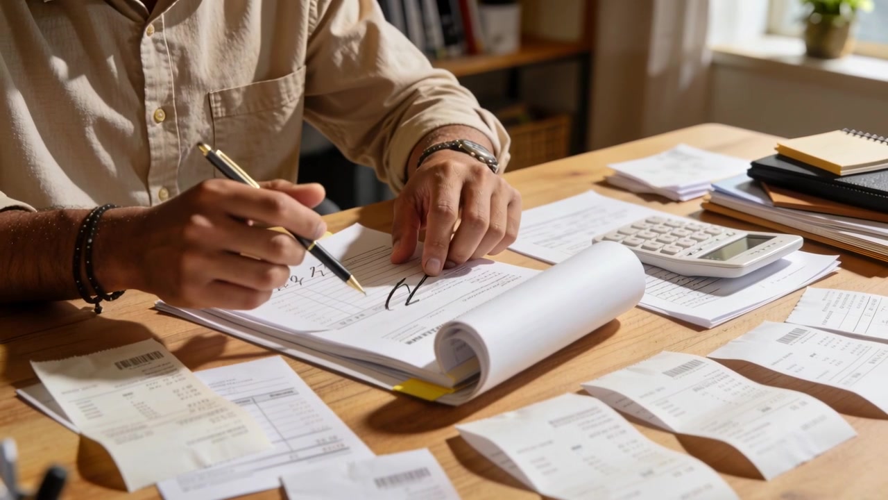 Sorting man in beige shirt at home desk after receipts spread, flipping notepad, marking bills