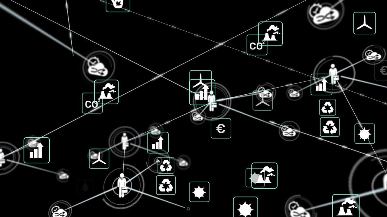 Animation of network of connections with icons on black background