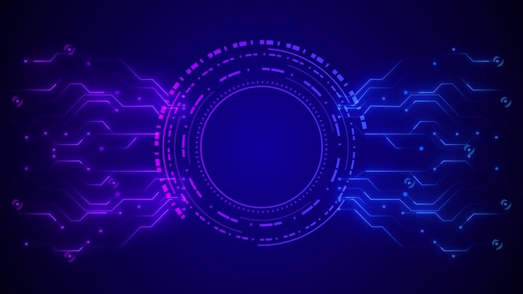 Sfondo circolare viola con interfaccia HUD, anelli magenta neon, linee di circuito blu, spazio tecnologico scuro
