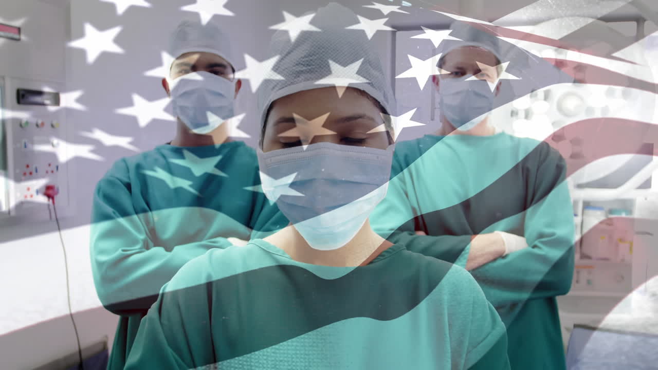 수술실 에서 외과 의사 들 위 에 흔들리는 미국 국기 의 애니메이션