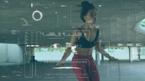 interfaz digital con procesamiento de datos contra la mujer saltando en la cuerda de saltar