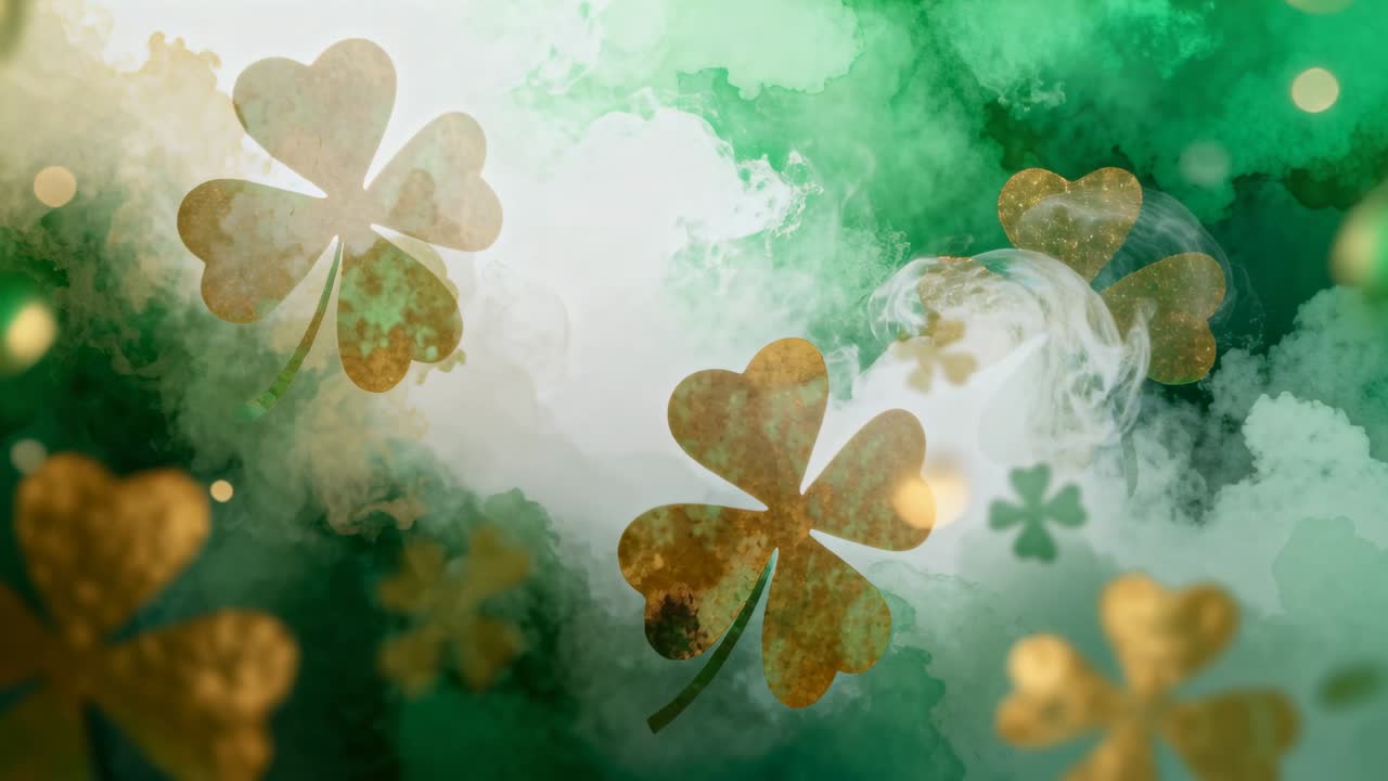 Loop starting gold shamrocks drifting across green backdrop for celebration, with smoke and bokeh