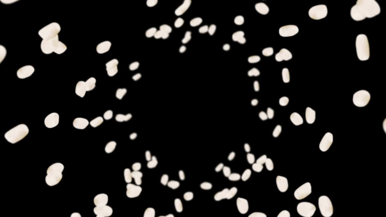 검은색 바탕에 많은 을 날려.  어리. 은. 채식주의자. 건강한 음식.  회전의 3d 루프 애니메이션.