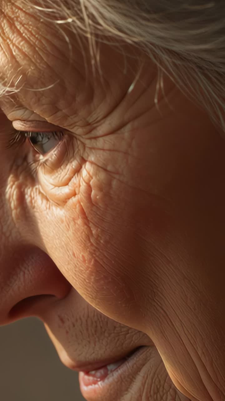 Vertical video: Blinking senior man shedding tear down cheek in soft gray room, reflecting sorrow