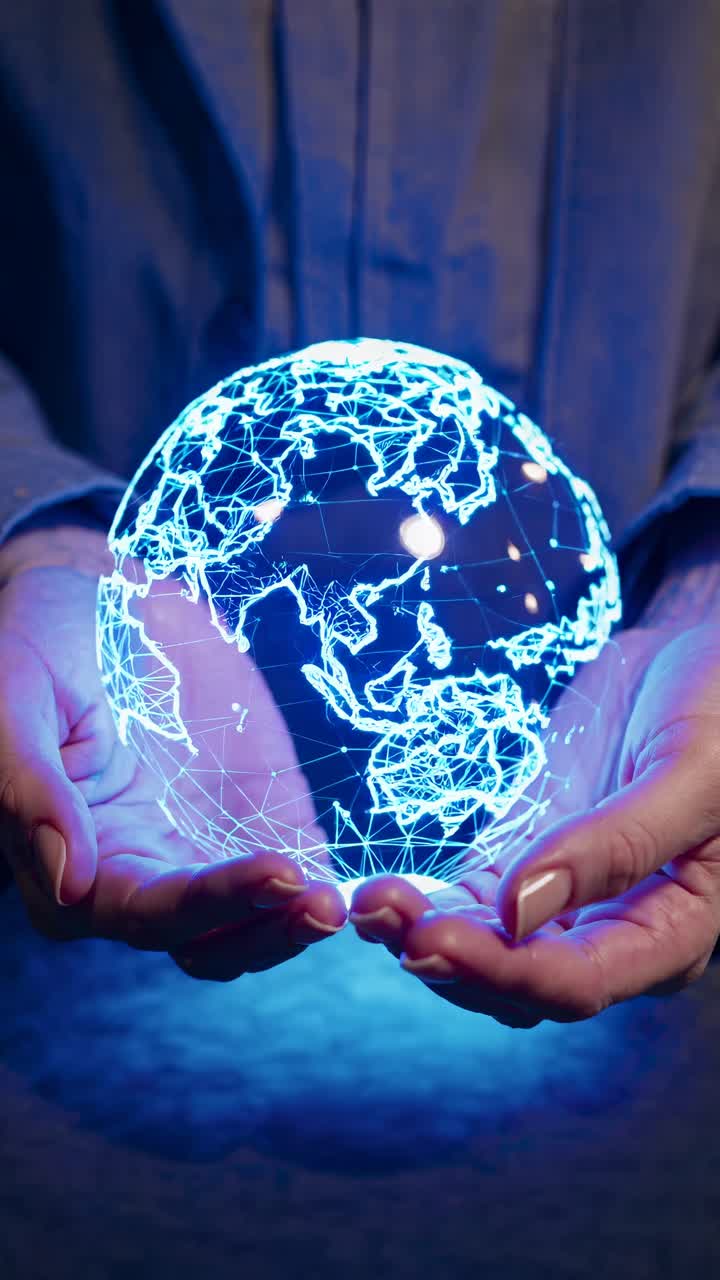 Un concepto de video futurista que muestra manos sosteniendo un globo digital brillante