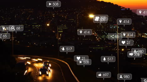 animación de iconos de las redes sociales con un número creciente sobre los coches en la calle