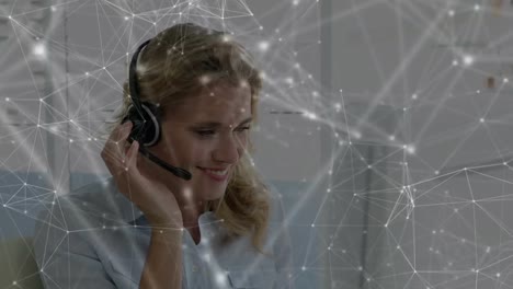 Animation-of-network-of-connections-over-businesswoman-wearing-phone-headset