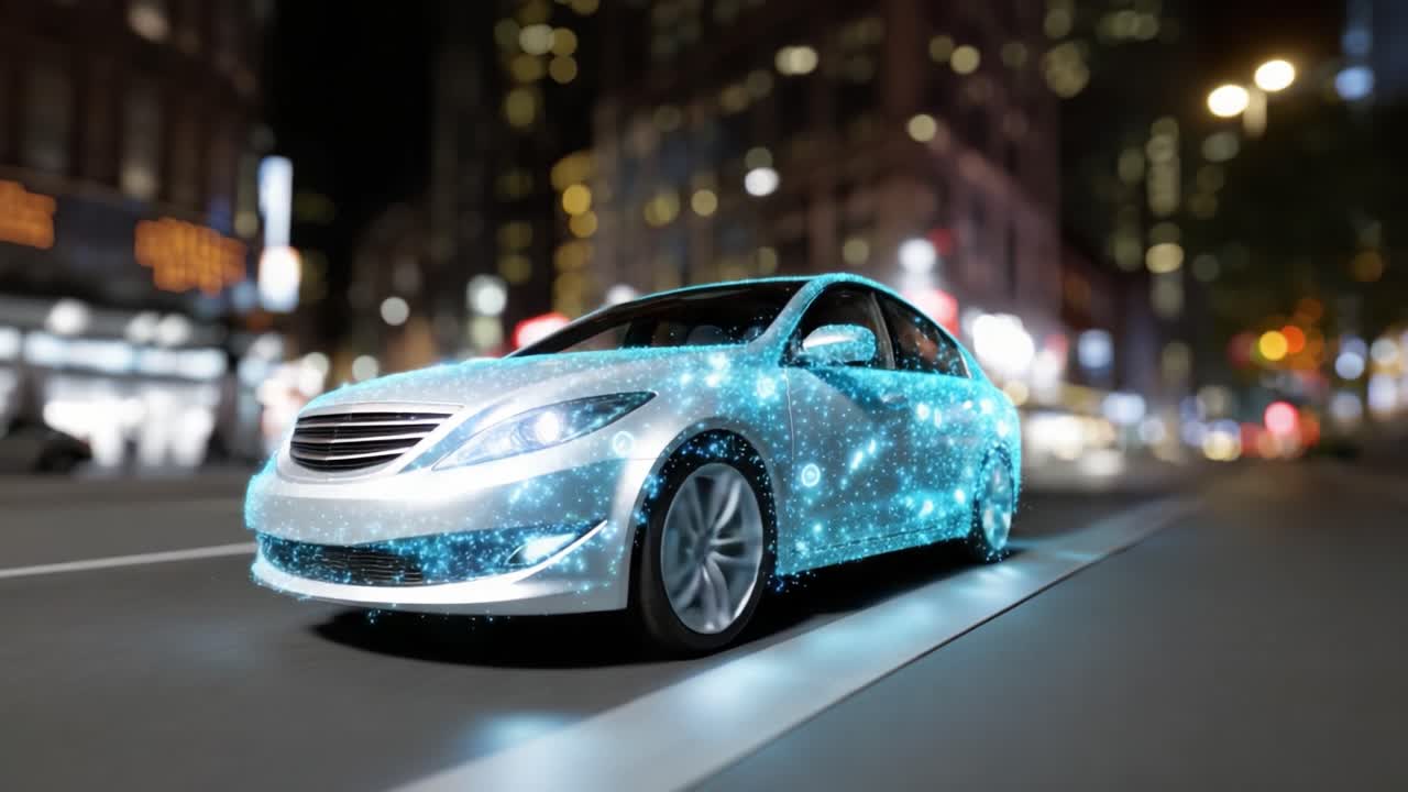 Um carro futurista banhado em partículas brilhantes manobra por uma paisagem urbana noturna, mostrando tecnologia inovadora e movimento dinâmico em um ambiente urbano vibrante
