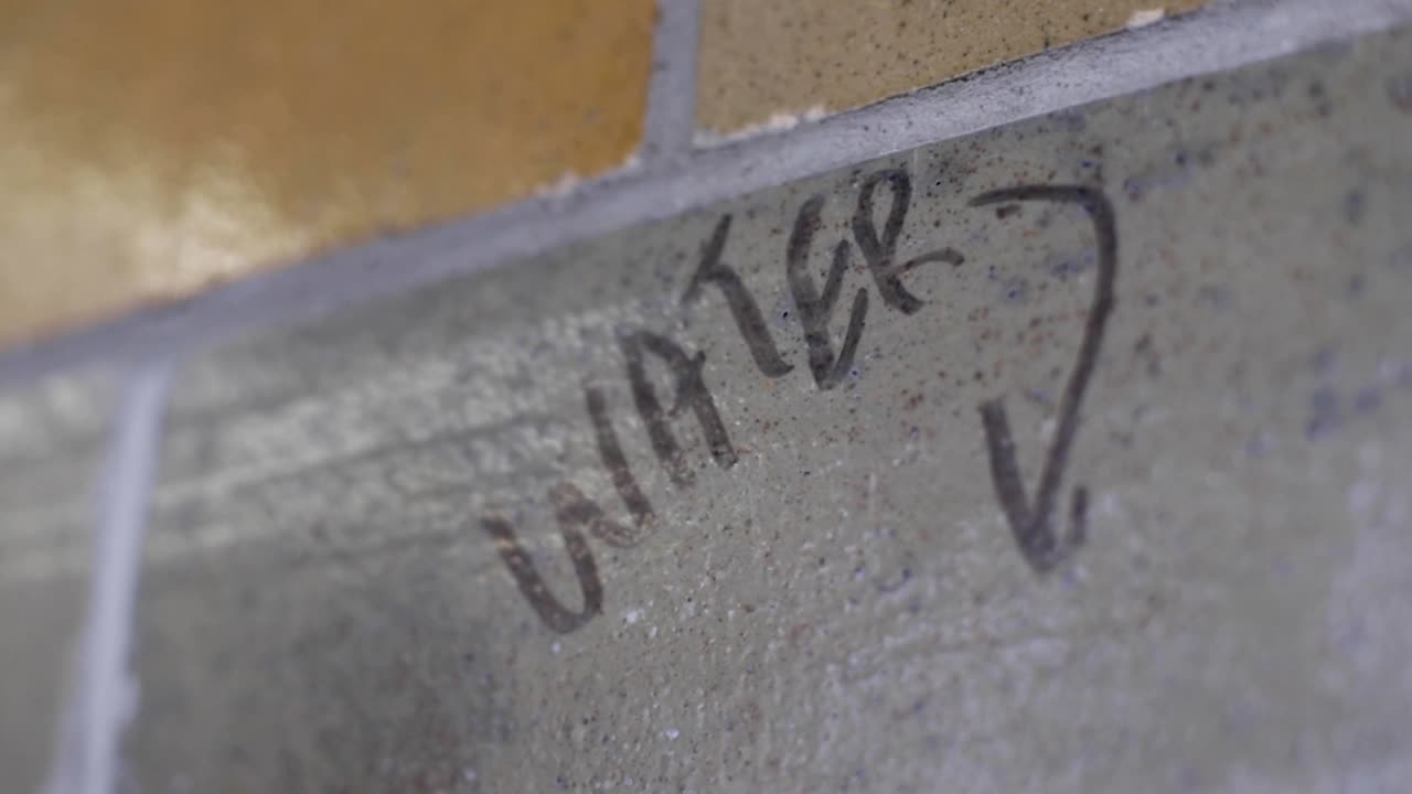 Water Line Marker Sign With Arrow Written On Brick Wall. Follow Shot, Low Angle