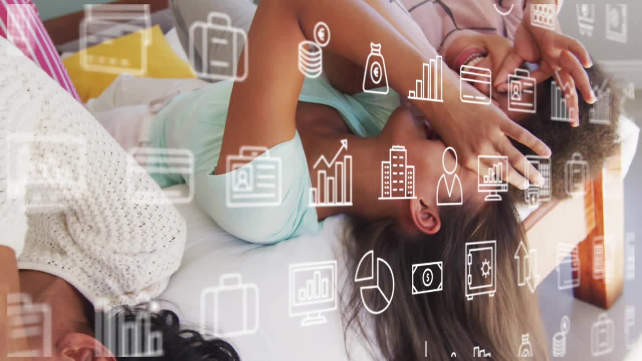 datos financieros y animación de análisis sobre una pareja estresada acostada en la cama