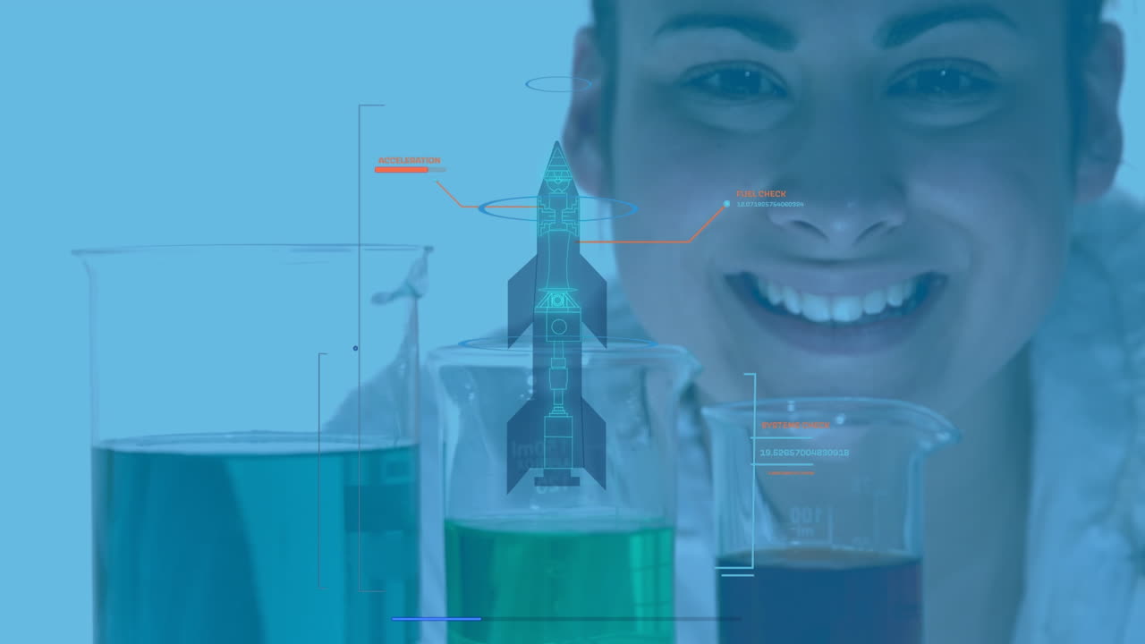 las moléculas animadas y el científico en un video de laboratorio destacan la investigación científica global.