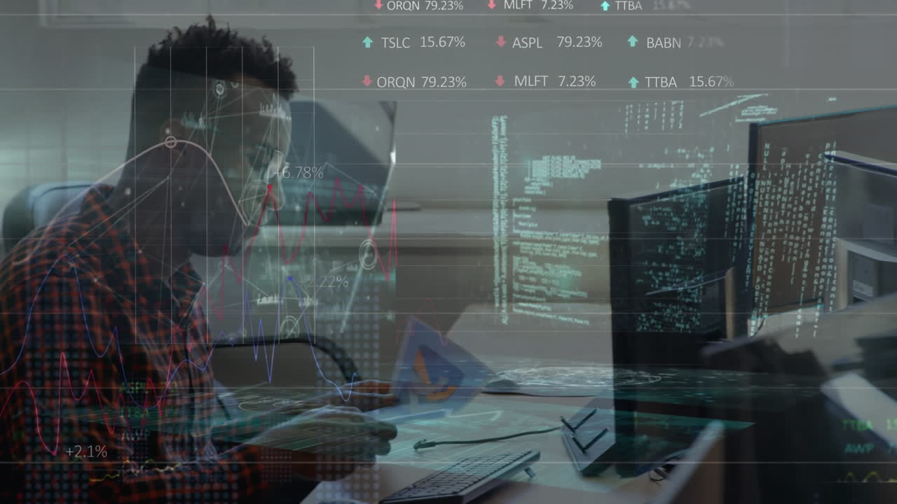 Animation of data processing over diverse business people working in office