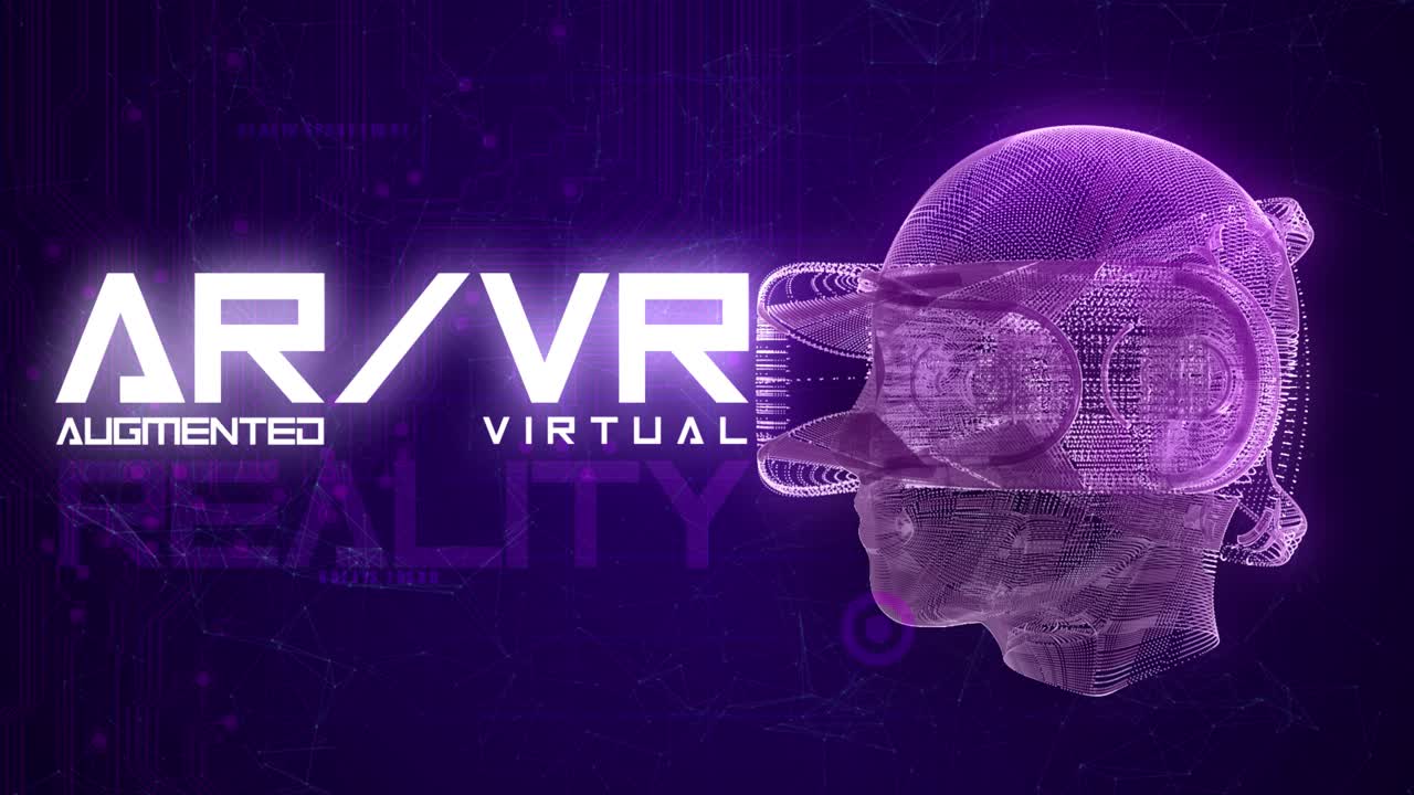 High quality VFX graphics animation depicting emerging technology in the Virtual Reality Augumented Reality space, with spinning head with VR goggles, abstract plexus design, in purple color scheme