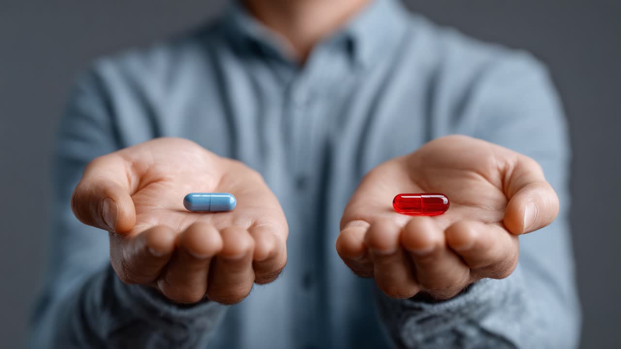 A Thoughtful Choice: A Person Weighs Options Between a Blue and a Red Capsule, Symbolizing Different Paths or Decisions in Life
