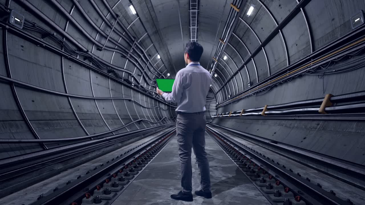 Full Body Back View Of An Asian Male Professional Worker Standing With Green Screen Tablet In Underground Subway Tunnel, Industrial Facility
