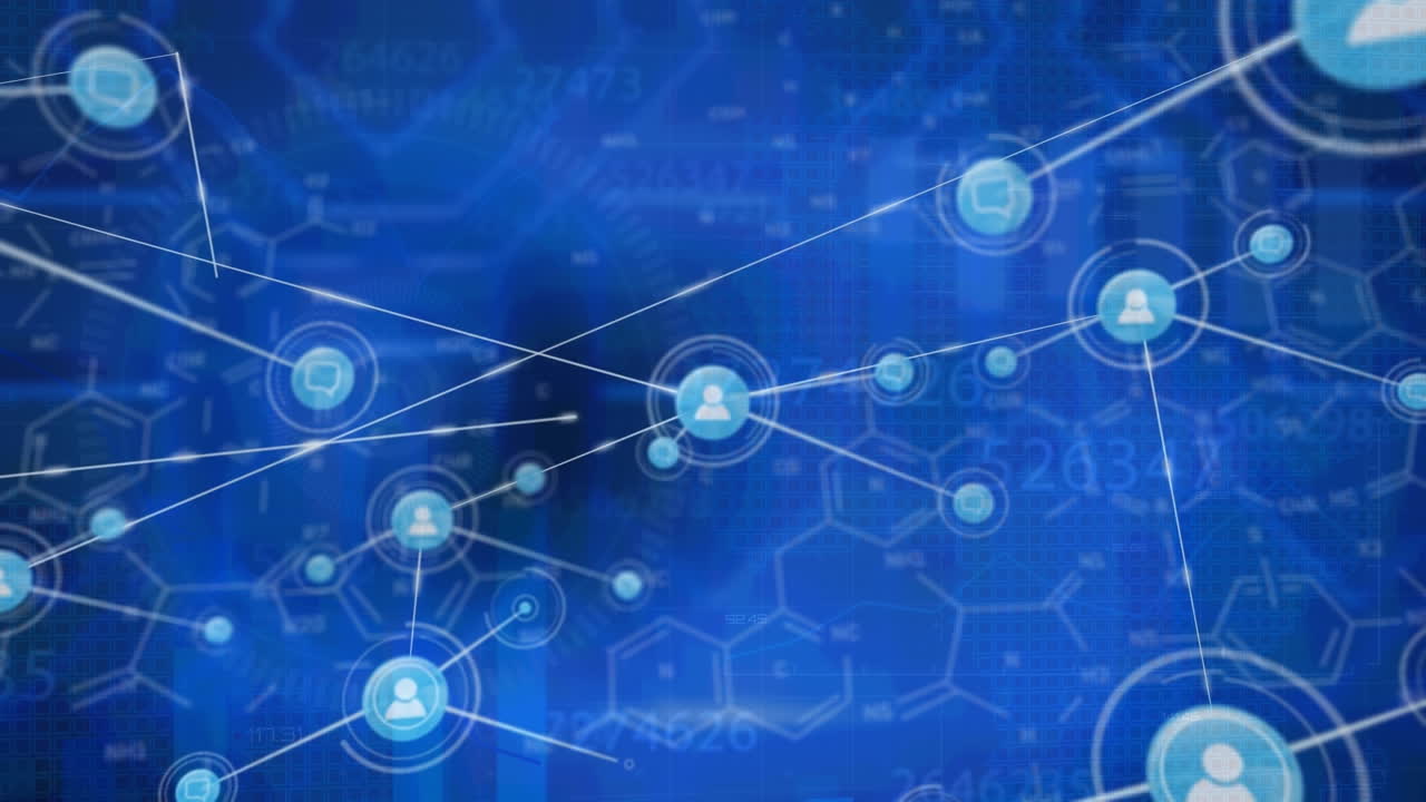 animación de conexiones sobre fórmulas químicas en fondo azul