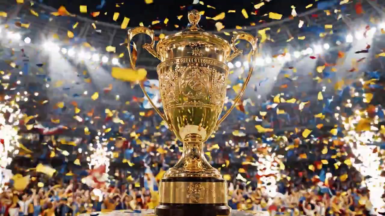 Momento celebrativo a un grande evento sportivo: il trofeo brilla tra coriandoli vivaci e una folla entusiasta nello stadio.