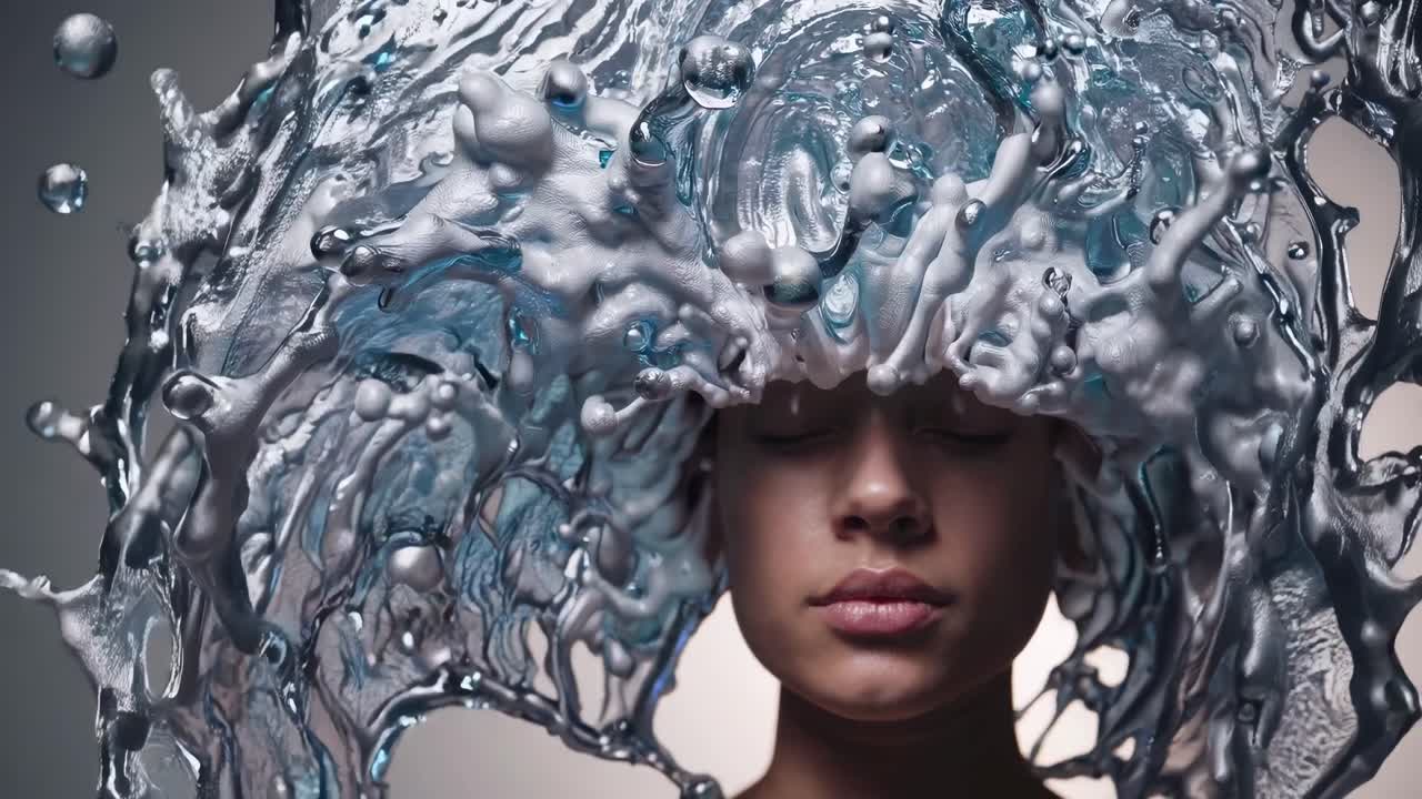 Surreal portrait featuring a woman with closed eyes, adorned by a crown of splashing water, crafting an enchanting and artistic composition that evokes a dreamlike atmosphere