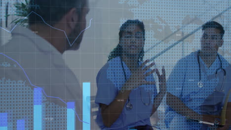 animation of graphs, changing numbers, map over diverse coworkers discussing in hospital
