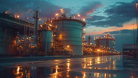 industrial plant at dusk with lights and reflections
