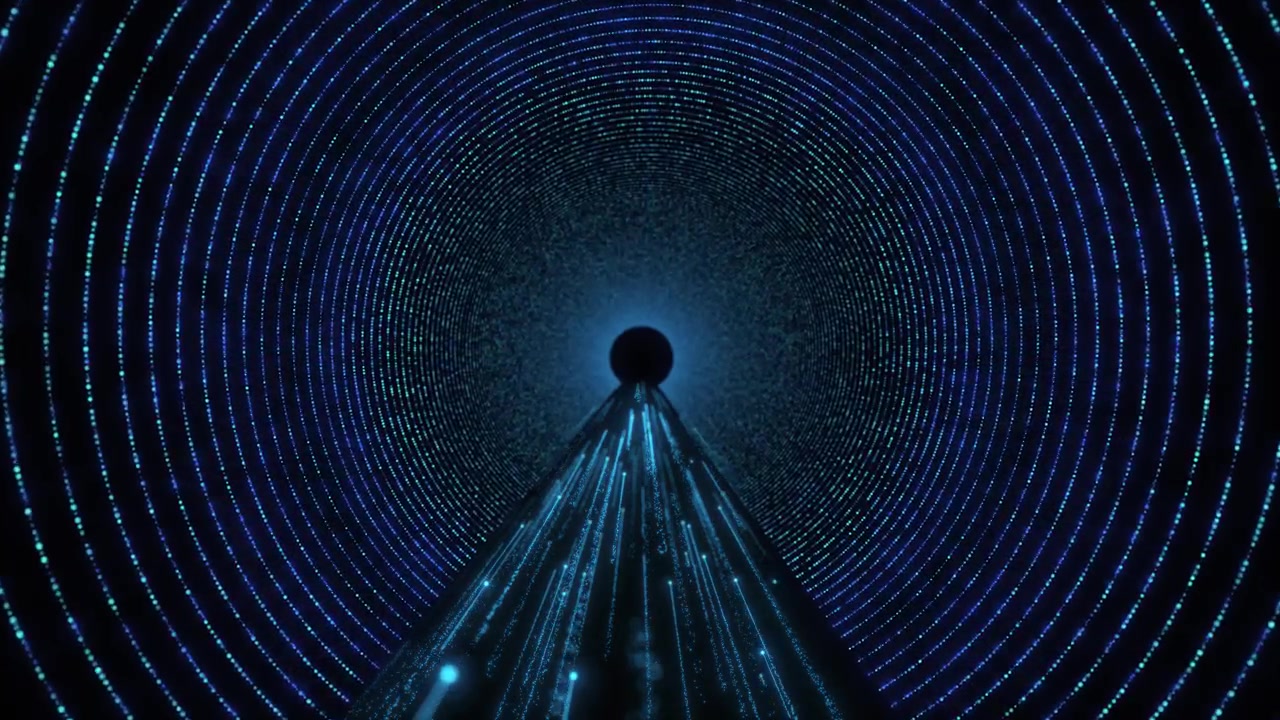 Blue dotted data tunnel background with glowing circular depth particle rings and light path