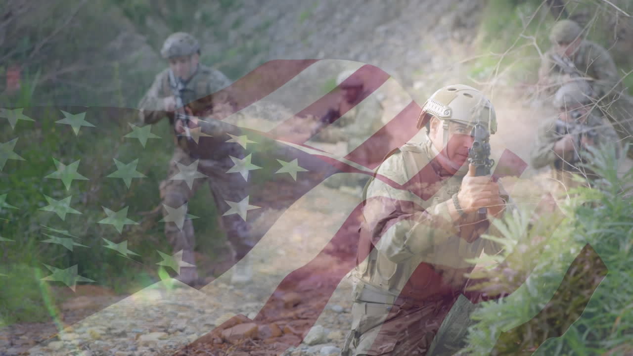 animación de la bandera de ee.uu. sobre varios soldados