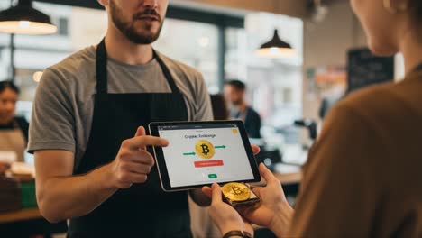 engaging digital transaction at a cashier's desk with customer using cryptocurrency for payment, showcasing the modern exchange process in a cafe setting