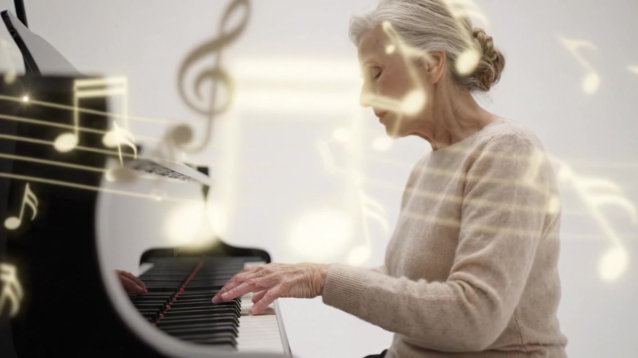 En elegant ældre kvinde spiller klaver, skaber smukke melodier, fordybet i musikken, mens noder hvirvler omkring hende, hvilket viser hendes passion og talent for musik