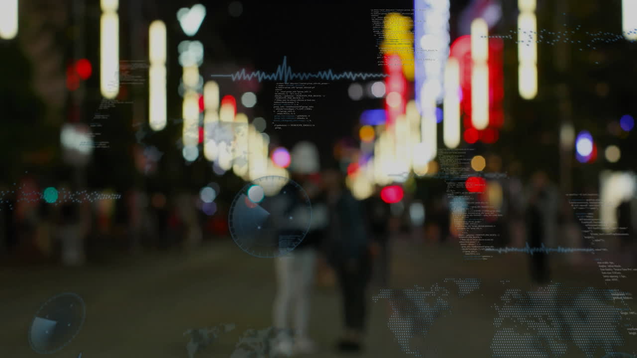 Animation showing digital data and graphs overlaying city street at night