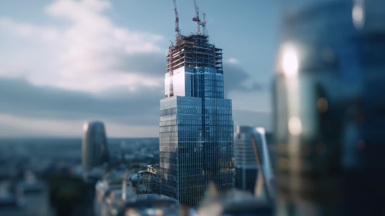 Luftaufnahme eines im Bau befindlichen Wolkenkratzers mit Kränen und Stadtlandschaft im Hintergrund bei Tageslicht, die moderne Architektur und Entwicklung zur Geltung bringt.