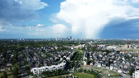 Heavy-rain-aerial-shot-in-downtown-Calgary-during-summertime