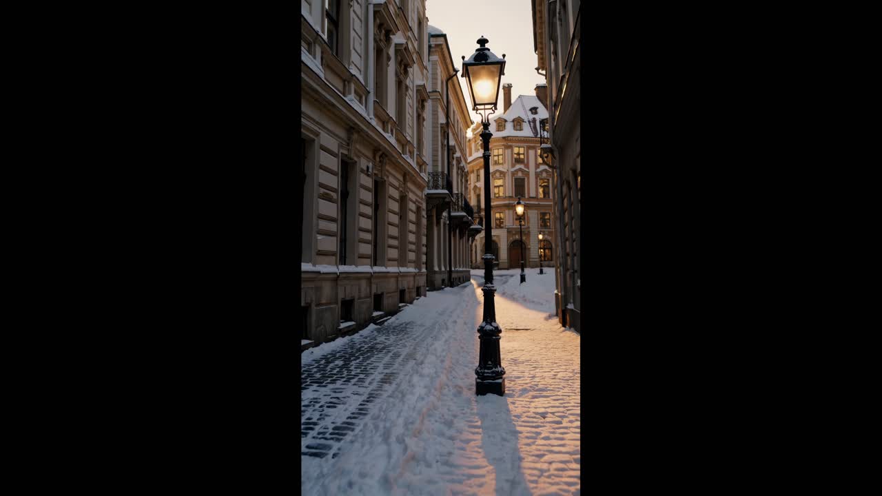 Snowy Street with Lamp Posts