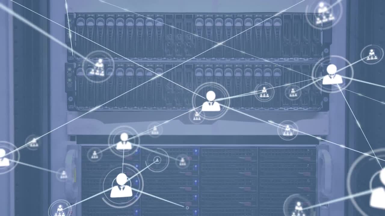 Animation of network of profile icons against close up of a computer server