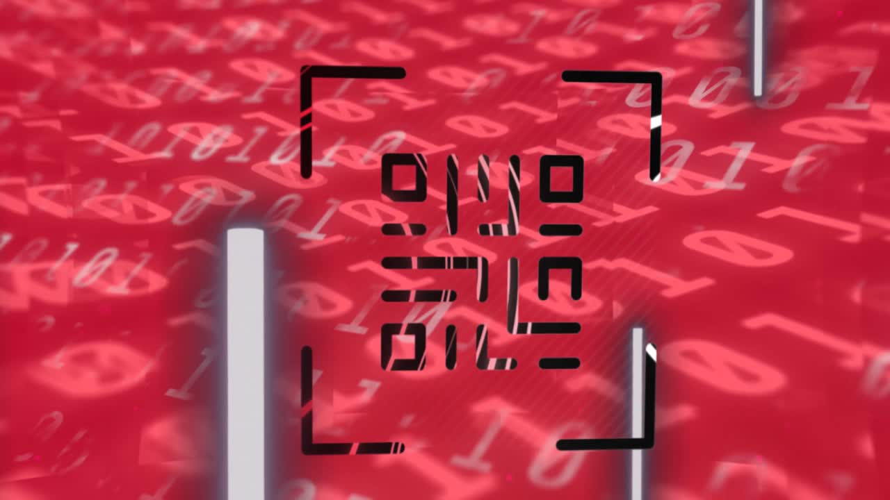 animación digital del escáner de código qr contra la codificación binaria procesamiento digital contra un fondo rojo